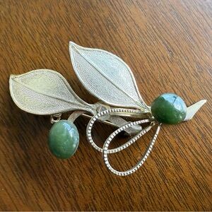 Vintage Gold and Jade Filigree Leaf Brooch